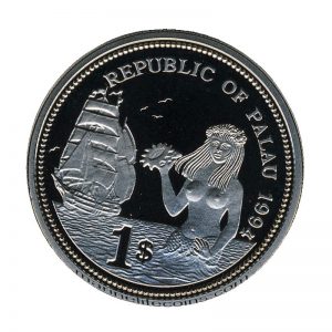 1994, Republic of Palau 1 Dollar Coin 1$ Mermaid holding a shell Sailing ship
