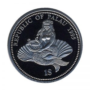 1995, Republic of Palau 1 Dollar Coin 1$ Seahorse & Lionfish Mermaid with harp sitting in a shell Marine Life Protection