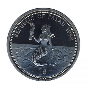 1998, Republic of Palau 1 Dollar Coin 1$ Seaturtle Mermaid with Cockatoo Marine Life Protection